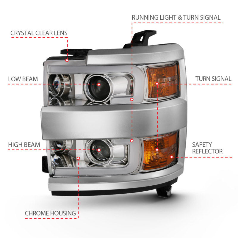 ANZO 2015-2016 Chevrolet Silverado Projector Headlights w/ Plank Style Design Chrome w/ Amber